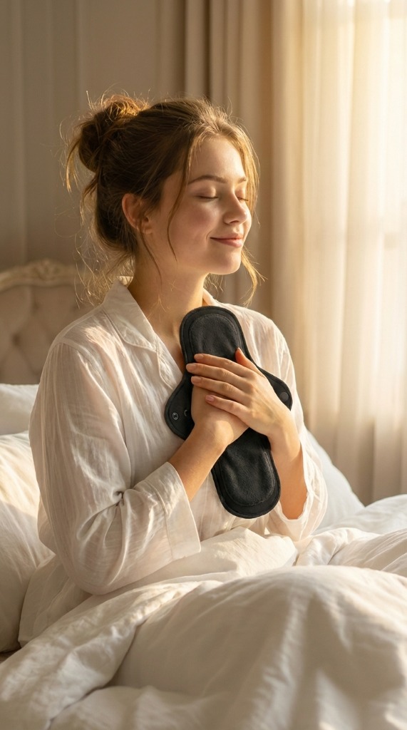 Woman smiling comfortably while holding a LunaSoft bamboo charcoal pad
