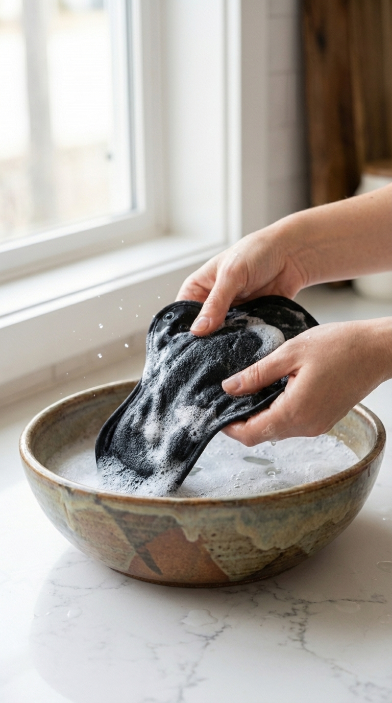 Woman handwashing LunaSoft menstrual pad
